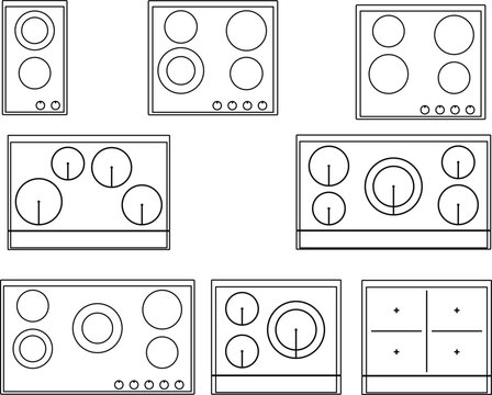 Kitchen cooktop and stove hob collection, blueprint, top view, floor plan, architectural element, vector