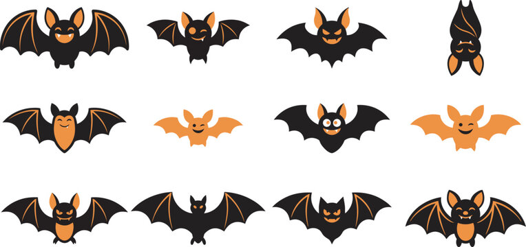 Set of cute flying bats isolated on white background for a festive halloween vector illustration design project