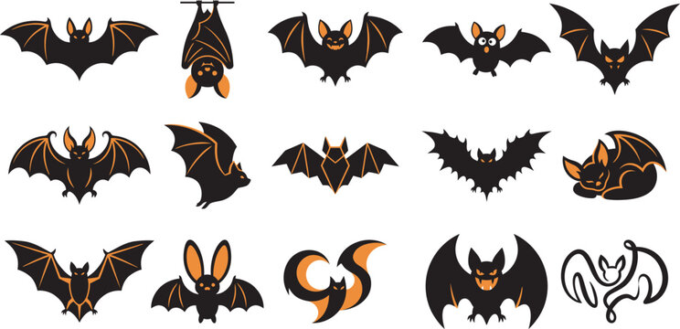 A collection of various spooky bat characters in a detailed halloween vector illustration for seasonal holiday design projects