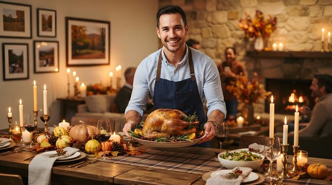 A smiling man wearing an apron prepares a delicious roasted turkey for a festive family dinner table setting to celebrate a warm and happy thanksgiving
