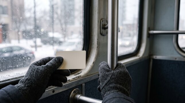 Winter bus ride in the city with a passenger holding a card near the window
