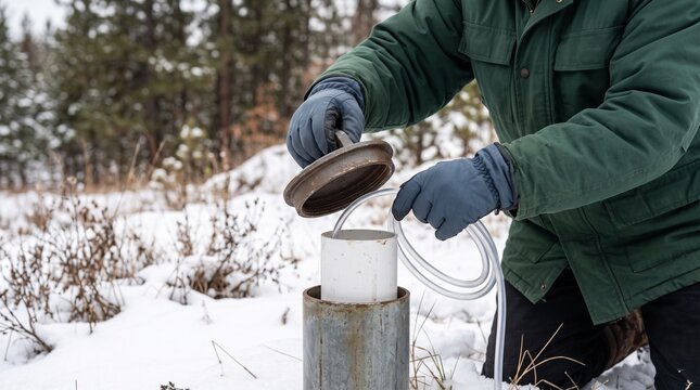 Person collects water sample in winter from cylinder in snowy location with trees in background
