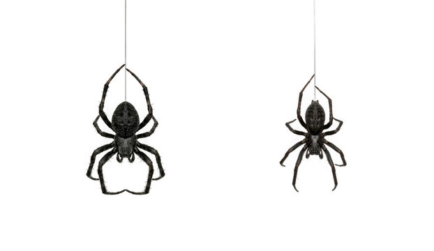 Two realistic black spiders hanging on silk threads isolated on transparent background
