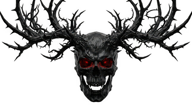 Dark fantasy skull with large thorny deer antlers and glowing red eyes isolated on transparent background