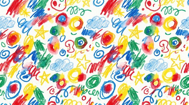 Repeating colorful crayon scribble pattern on paper with playful childlike doodles and abstract strokes covering surface in energetic spontaneous design