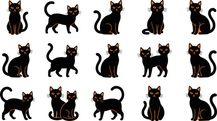Set of various black cat silhouettes in different poses for halloween design elements and creative projects © AH RASEL