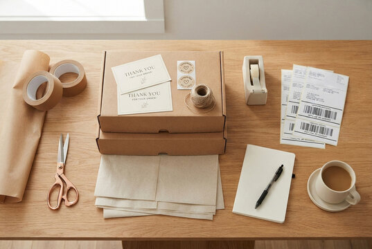 Order packaging supplies and cardboard boxes on wooden desk flat lay