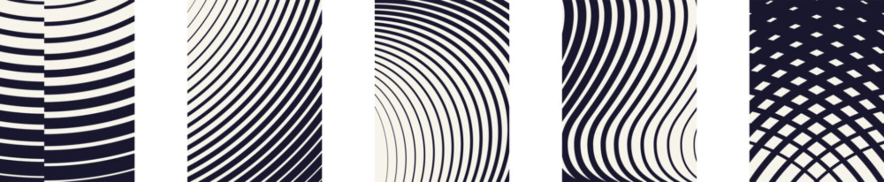 Monochrome kinetic halftone distortion line grid poster set, geometric poster, customizable, vector