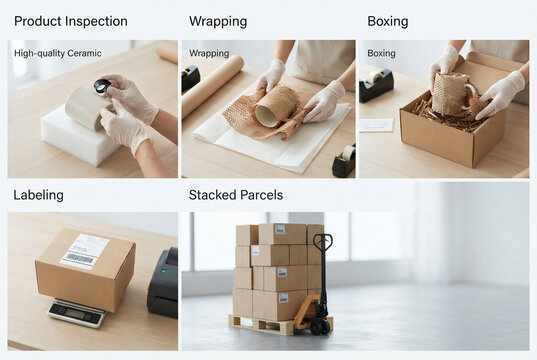 Step by step product inspection wrapping boxing labeling and logistics process