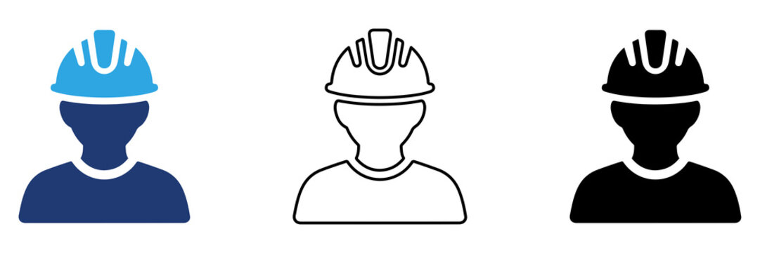 Multicolor Construction Worker Hard Hat Icon Set with Filled and Outline Styles for Builder Engineer Workplace Safety Labor and Industrial Construction Isolated on Transparent Background