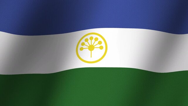 National Flag of Bashkortostan: A close-up view of the fluttering flag of Bashkortostan, showcasing its vibrant blue, white, and green stripes, with a stylized yellow emblem at its center.