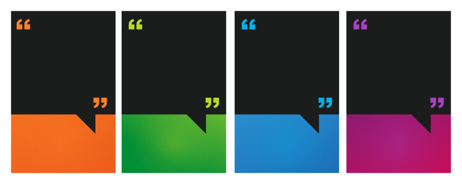 Modern quote bubble templates with colorful speech frames, set of 4 minimalist text boxes for social media, vibrant testimonial layout vector