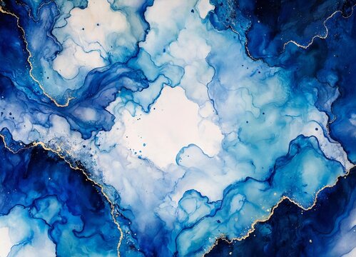 Abstract blue and gold fluid art with swirling patterns and textures