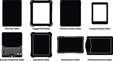 Modern Tablet Device Silhouette Collection Featuring Eight Distinct Designs for Technology and Digital Illustration © MdShaheen