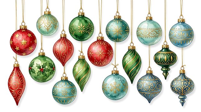 Set of beautiful christmas ornaments hanging on golden strings isolated on white background
