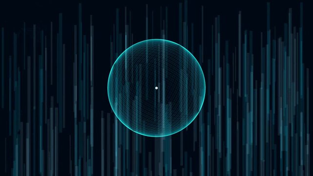 Abstract blue wireframe globe sphere centered on dark digital background featuring vertical cyan light streaks. Futuristic technology data visualization and HUD UI design element.