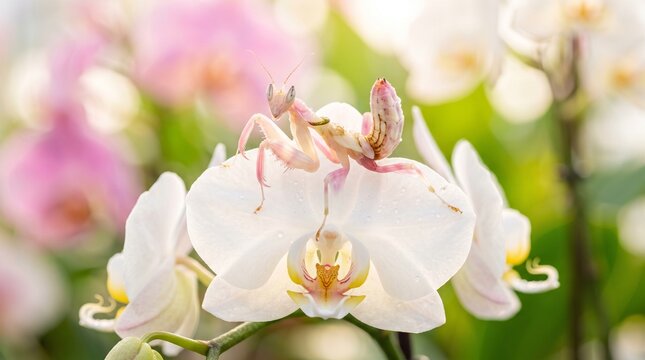 Pink orchid mantis resting on a white orchid flower petal
