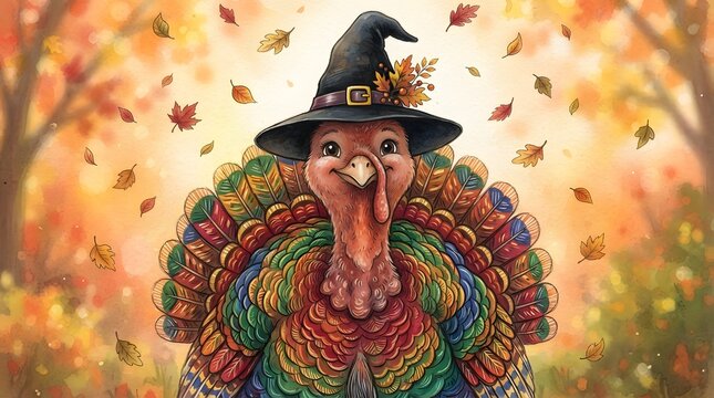 A whimsical illustration of a turkey wearing a witch hat in an autumn forest scene to celebrate a colorful and festive happy thanksgiving holiday season