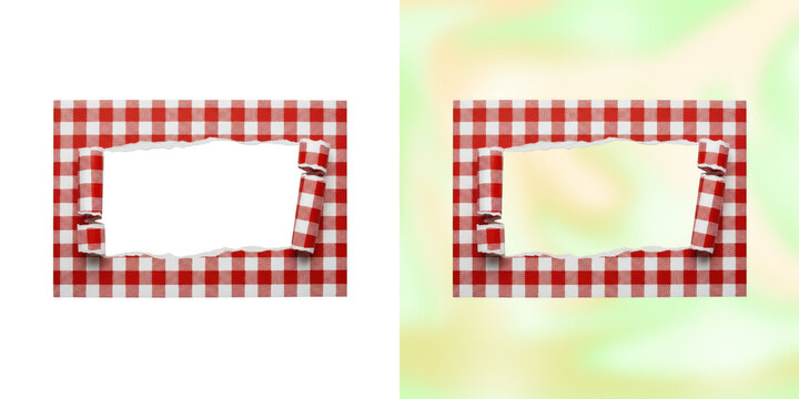 Red gingham checkered fabric frame with torn paper center isolated on transparent background for picnic design.