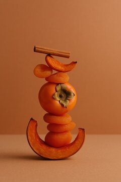 Balanced still life sculpture of persimmon dried apricots and cinnamon stacked on a curved pumpkin slice against a warm terracotta background, creative autumn harvest food art concept photography
