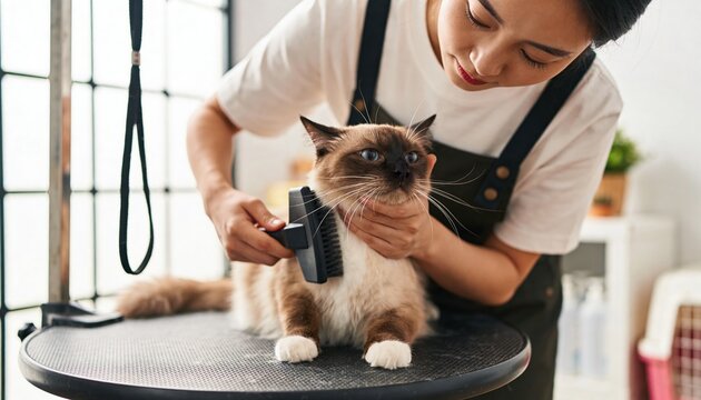 Groomer gently brushing a siamese mix cat while holding it calmly on a grooming table, professional pet care concept photography concept concept concept