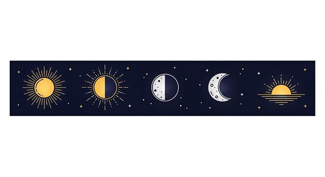 Mystical Sun and Moon Phases Banner with Stars, Illustrating Day and Night Cycles, Astrology, and Cosmic Events