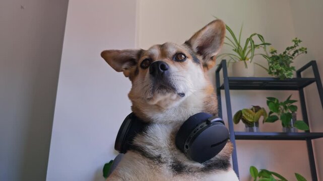 Cute Dog Listening Through Headphones While Working on Laptop

Funny office pet wearing headphones and concentrating on work. Ideal concept for online communication, remote work and digital business.