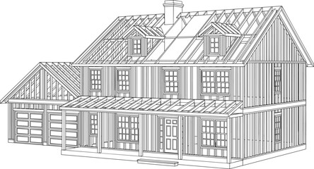 Fototapeta premium Detailed Residential House Architectural Line Drawing with Modern Farmhouse Exterior and Garage