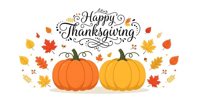 A festive happy thanksgiving greeting card design featuring two colorful pumpkins surrounded by vibrant autumn leaves and decorative calligraphy on a clean white background backdrop