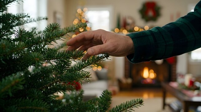 A close-up shot of a person's hand reaching out to touch the fresh, green needles of a Christmas tree inside a warm, festive living room setting.