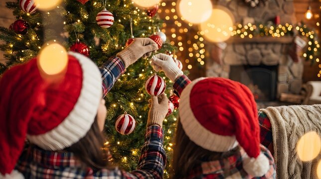 Two people wearing matching flannel shirts and Santa hats decorate a lush Christmas tree in a cozy rustic living room featuring a warm stone fireplace background.