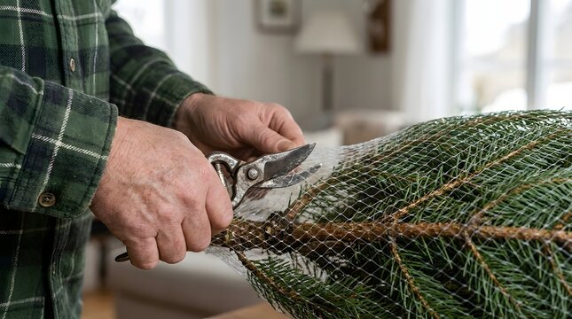 A close-up view of a person wearing a green plaid shirt using vintage metal garden shears to cut away the netting from a fresh Christmas tree.