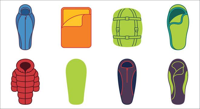 Colorful Sleeping Bag Collection Flat Vector Illustration With Varied Shapes And Designs sleepingbag sleepingbags bedroll