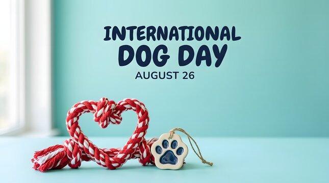 International dog day celebration background with a red heart shaped rope toy and a paw print tag