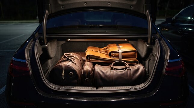 Sedan trunk illuminated at night with leather suitcases and travel bags neatly stored, open boot on dimly lit parking lot conveying evening departure, luggage for business or leisure trip