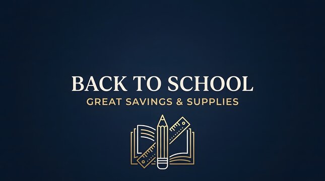 Back to school promotional graphic design featuring minimalist line art icons on a dark blue background