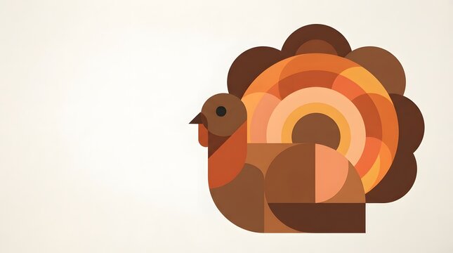 A minimalist geometric turkey illustration designed for a festive happy thanksgiving greeting card featuring warm autumn colors and clean shapes on a simple light background