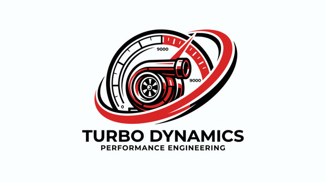 Turbo Dynamics Performance Engineering Logo with Speedometer and Turbocharger Illustration Graphic
