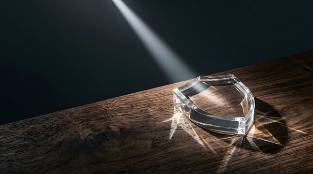 A sparkling diamond gemstone placed on a dark wooden surface illuminated by a bright spotlight beam