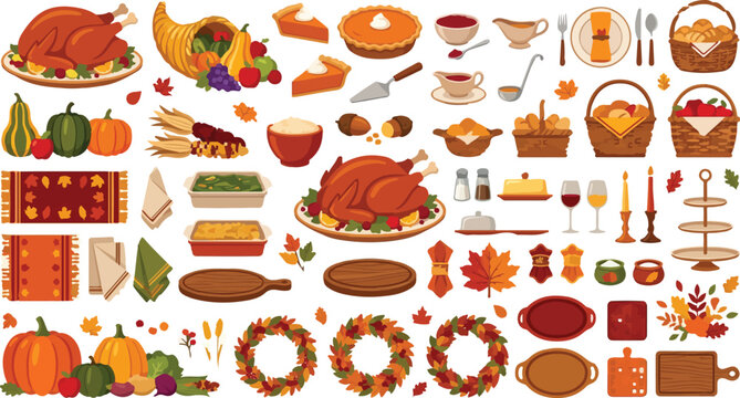 Thanksgiving feast elements including a roasted turkey, autumn vegetables, decorative wreaths, and festive tableware are grouped together.