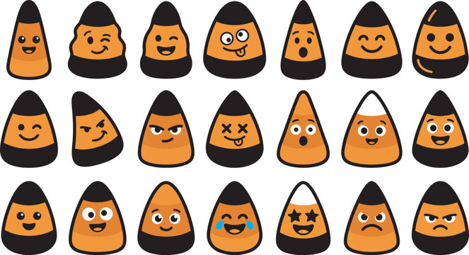 A collection of cute candy corn characters with various funny facial expressions designed for a festive and colorful halloween holiday celebration theme