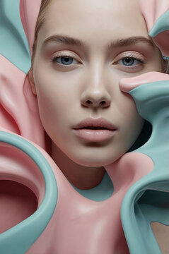 young woman framed by abstract pink and mint fluid shapes