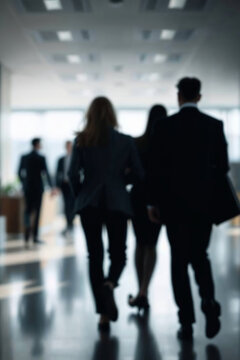 Blurred motion of business people walking through modern office
