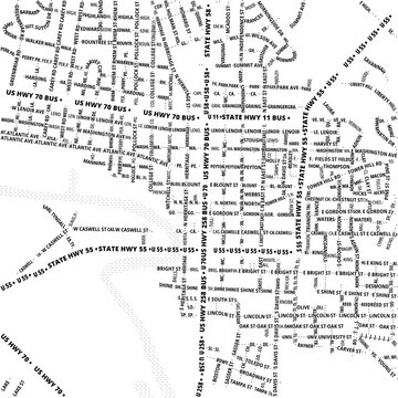 Typographic Map of the City Kinston (North Carolina, USA) showing the city center only with street names