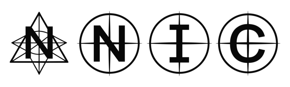 Set of four circular symbols with letters n, i, c and geometric shapes