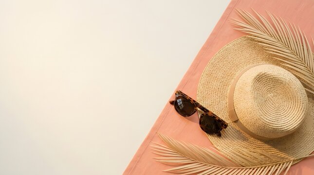 Top view of a straw hat and black sunglasses on a pink and white background