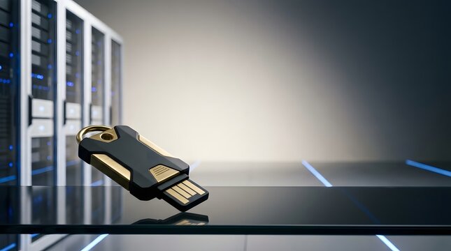 Encrypted usb flash drive resting on a server room shelf representing digital security and data protection