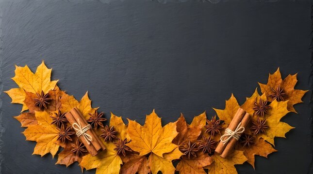 Autumnal wreath made of colorful maple leaves and cinnamon sticks on a dark rustic wooden background