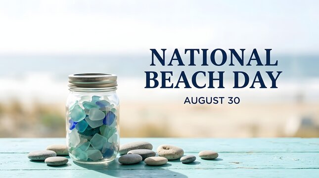 National beach day celebration with a glass jar filled with colorful sea glass on a wooden table