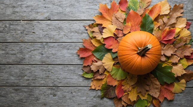 A festive pumpkin surrounded by colorful autumn leaves on a rustic wooden background perfect for celebrating a happy thanksgiving holiday season with family and friends